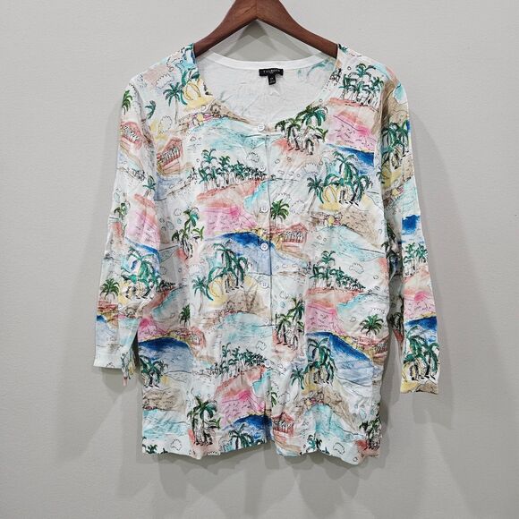 Talbots Womens Beach Cardigan Plus Size 2X Multicolor Cotton Blend Palm Trees - Picture 1 of 9